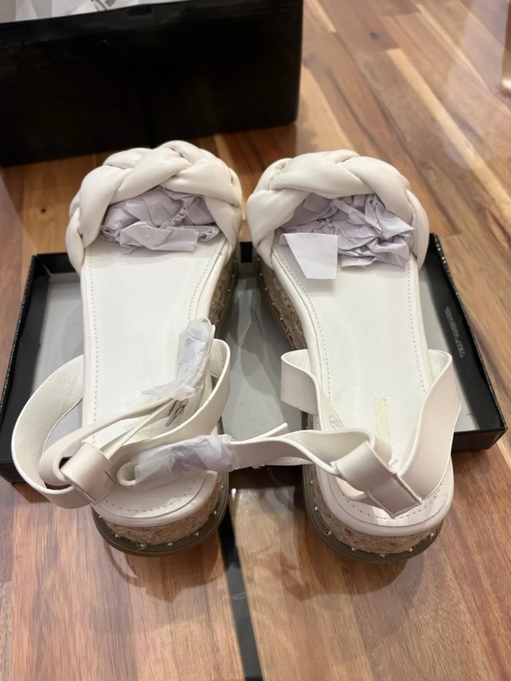NIB Flawed Sz 7 White PU Plait Detail Strappy Espadrille Sandals Platform Shoes